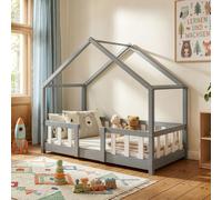 Lit bébé "Treviolo" au style maison, avec barrière de sécurité, en bois de pin, dimensions 70 x 140 cm, couleur gris clair / blanc
