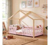 Lit bébé "Treviolo" au style maison, avec barrière de sécurité, en bois de pin, dimensions 80 x 160 cm, couleur rose/naturel