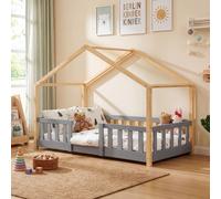 Lit bébé "Treviolo" au style maison, avec barrière de sécurité, en bois de pin, dimensions 80 x 160 cm, couleur gris clair / naturel