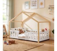 Lit bébé "Treviolo" au style maison, avec barrière de sécurité, en bois de pin, dimensions 80 x 160 cm, couleur blanc/naturel