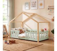 Lit bébé "Treviolo" au style maison, avec barrière de sécurité, en bois de pin, dimensions 80 x 160 cm, couleur vert menthe / naturel