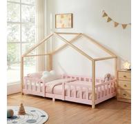 Lit bébé "Treviolo" au style maison, avec barrière de sécurité, en bois de pin, dimensions 90 x 200 cm, couleur rose/naturel