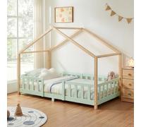 Lit bébé "Treviolo" au style maison, avec barrière de sécurité, en bois de pin, dimensions 90 x 200 cm, couleur vert menthe / naturel