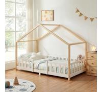 Lit bébé "Treviolo" au style maison, avec barrière de sécurité, en bois de pin, dimensions 90 x 200 cm, couleur blanc/naturel