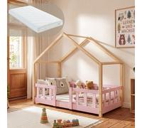 Lit bébé "Treviolo" avec matelas et barrière de sécurité, dimensions 70x140 cm, couleur rose/naturel