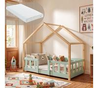 Lit bébé "Treviolo" avec matelas et barrière de sécurité, dimensions 70x140 cm, couleur vert menthe/naturel