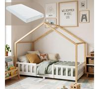 Lit bébé "Treviolo" avec matelas et barrière de sécurité, dimensions 90x200 cm, blanc/naturel