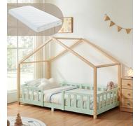 Lit bébé "Treviolo" avec matelas et barrière de sécurité, dimensions 90x200 cm, couleur vert menthe / naturel