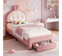 Lit bébé UnboxG 90x200 cm avec tiroir, tête de lit en forme d'oreilles de lapin, éclairage LED, tête de lit réglable en hauteur, revêtement en velours, rose