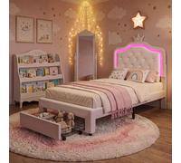 Lit bébé UnboxG 90x200 cm, blanc – Lit princesse avec tête de lit en similicuir, tête de lit LED réglable en hauteur, tiroir de rangement et sommier à lattes