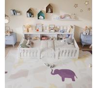 Lit bébé UnboxG 90x200 cm en bois massif, lit à cadre bas Montessori avec étagère à livres, barrière de sécurité et sommier à lattes, blanc