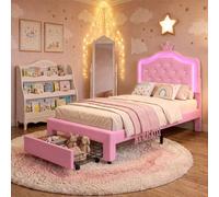 Lit bébé UnboxG 90x200 cm, rose – Lit princesse en similicuir avec tête de lit LED réglable en hauteur, tiroir de rangement et sommier à lattes