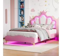 Lit bébé UnboxG de 140x190 cm avec tête de lit en forme de nuage et de couronne, éclairage LED, structure rembourrée en simili cuir PU, lit de princesse avec sommier à lattes, couleur rose