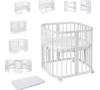 Lit bébé Waldin 7 en 1 avec matelas, lit pour enfant évolutif, sans barrière de sécurité, en bois blanc