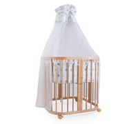 Lit bébé Waldin 7 en 1 avec matelas, lit pour enfant évolutif, tissu à motifs d'étoiles bleus, bois naturel