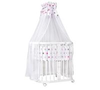 Lit bébé Waldin 7 en 1 avec matelas, lit pour enfant évolutif, tissu à motifs d'étoiles rose, bois blanc