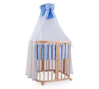 Lit bébé Waldin 7 en 1 avec matelas, lit pour enfant évolutif, tissu bleu, bois naturel