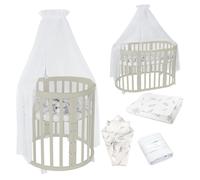 Lit bébé Waldin OWAL, lit pour enfant 7 en 1 avec matelas, évolutif, tissu blanc avec motifs de branches, bois couleur olive