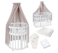 Lit bébé Waldin OWAL, lit pour enfant 7 en 1 avec matelas, évolutif, tissu couleur taupe avec motifs de branches, structure en bois blanc