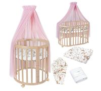 Lit bébé Waldin OWAL, lit pour enfant 7 en 1 avec matelas, lit évolutif pour enfant, motifs animaux roses en tissu, bois naturel