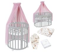Lit bébé Waldin OWAL, lit pour enfant 7 en 1 avec matelas, lit évolutif pour enfant, motifs animaux roses en tissu, structure en bois gris