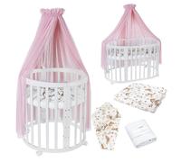 Waldin Lit bébé OWAL Lit d'enfant 7en1 avec matelas, lit évolutif pour enfants,Tissus roses animaux,bois blanc