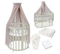 Lit bébé Waldin OWAL, lit pour enfants 7 en 1 avec matelas, évolutif, en tissu taupe avec motifs de branches, structure en bois olive