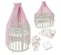 Waldin Lit de bébé OWAL Lit d'enfant 7en1 avec matelas, lit évolutif pour enfants,Tissus Rosa Tiere,Bois olive