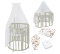Waldin Lit de bébé OWAL Lit d'enfant 7en1 avec matelas, lit évolutif pour enfants,Tissus Blancs Animaux,Bois olive