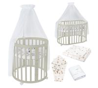 Waldin Lit de bébé OWAL Lit d'enfant 7en1 avec matelas, lit évolutif pour enfants,Tissus Blanc Pissenlit,Bois olive