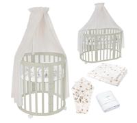 Lit bébé Waldin OWAL, lit pour enfants 7 en 1 avec matelas, lit évolutif pour enfants, tissu champagne "Pissenlit", bois "Olive"