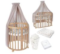 Waldin Lit de bébé OWAL Lit d'enfant 7en1 avec matelas, lit évolutif pour enfants,Tissus taupe branches,bois naturel