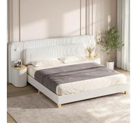 Lit Beige 180 x 200 cm | Velours côtelé, tête rembourrée, 2 chevets intégrés à 2 niveaux et lampes LED de chaque côté