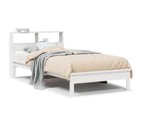Lit Bibliothèque Blanc 90x200 cm Bois De Pin Massif Sans Matelas | Sommier à lattes inclus,espace de rangement intégré,pieds robustes,chambre rustique,petit espace