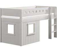 Lit blanc, de taille moyenne, avec une échelle droite et des façades de style cabane, blanc, dimensions 90x200 cm, blanc, matelas : non inclus