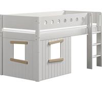 Lit blanc, de taille moyenne, avec une échelle droite et des façades de style cabane, en bois, dimensions 90x200 cm, couleur blanc/chêne, matelas : non inclus