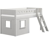 Lit blanc de taille moyenne, avec une échelle inclinée et des façades de lit en forme de cabane, dimensions 90x200 cm, couleur blanche, matelas non inclus