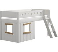 Lit blanc de taille moyenne, avec une échelle inclinée et des façades de lit en forme de cabane, en bois, dimensions 90x200 cm, couleur blanc/chêne, matelas : non inclus