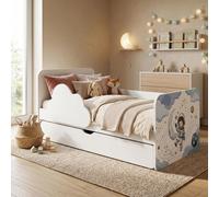 Lit blanc pour tout-petits 160 x 80 cm, motif nuage | Avec coffre de rangement et matelas en mousse | Filles et garçons, espace, cosmonaute