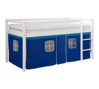 Lit mezzanine pour enfants 90 x 200 cm, blanc, avec rideau bleu | avec sommier à lattes | avec matelas