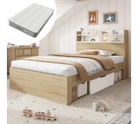 Lit Bois Massif 90x200 cm, Matelas 7 Zones Ressorts, 2 Tiroirs, Blanc Chêne