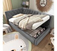 Lit boxspring d'angle, rose, 90x190 cm, lit rembourré avec espace de rangement hydraulique, structure de lit avec sommier à lattes en bois, lit simple en velours (gris)