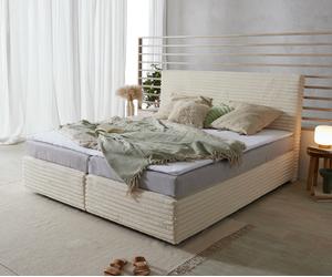 Lit Boxspring Dream-Well Velours Côtelé Beige 180x200 cm Matelas Bonell Topper en Mousse PU