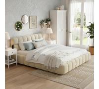Lit Bubble 140 x 190 cm, Lit Double Rembourré 140x190 avec Sommier à Lattes, Lit Capitonné avec Tête de Lit Rembourrée, Cadre de Lits pour Adolescent Adulte, Lin, Beige, sans Matelas(Beige-E, 140x190)