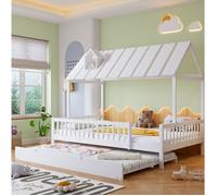 Lit cabane 120x200 cm avec lit gigogne 120x190 cm, barrières 3 côtés, pour enfant, bois blanc