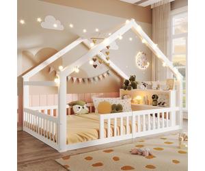 Lit cabane - 140 x 190 cm, blanc, velours et bois de pin, éclairage LED, sans matelas, avec espace de rangement