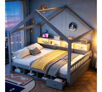 Lit cabane 140 x 200 cm avec structure de toit, éclairage LED et prise électrique, étagères, espaces de rangement, tiroirs, barrières de sécurité et sommier à lattes, couleur gris
