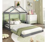 Lit cabane, 140 x 200 cm, lit enfant en forme de maison avec sommier à lattes (sans matelas), bois de pin, style minimaliste, gris