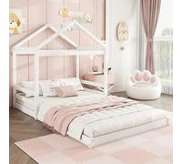 Lit cabane, 140 x 200 cm, lit enfant en forme de maison avec sommier à lattes (sans matelas), bois de pin, style minimaliste, blanc