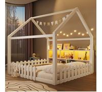 Lit cabane 140x190 bois blanc avec LED, garde-corps, rangements et sommier